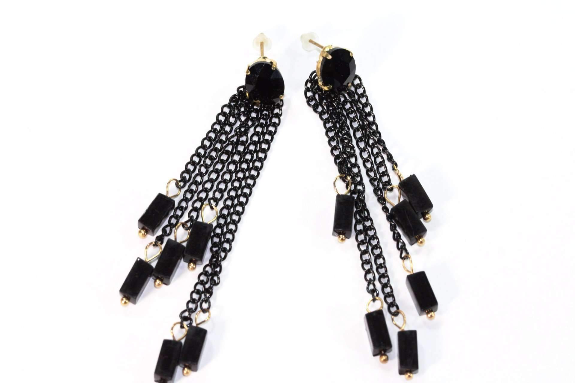 Silver Hestia Chain and Beads Dangle Earrings with intricate metal and bead details, showcasing elegant jewelry design.