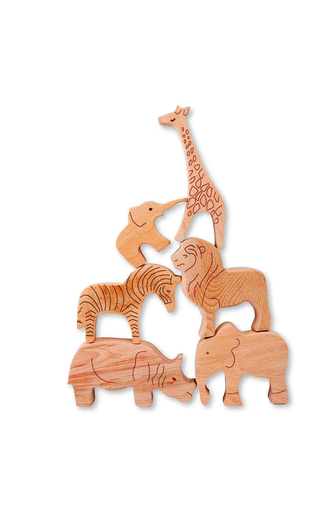 Wooden safari animals set from Red Oceanus furniture, featuring handcrafted wooden animal figures on a natural wood surface.