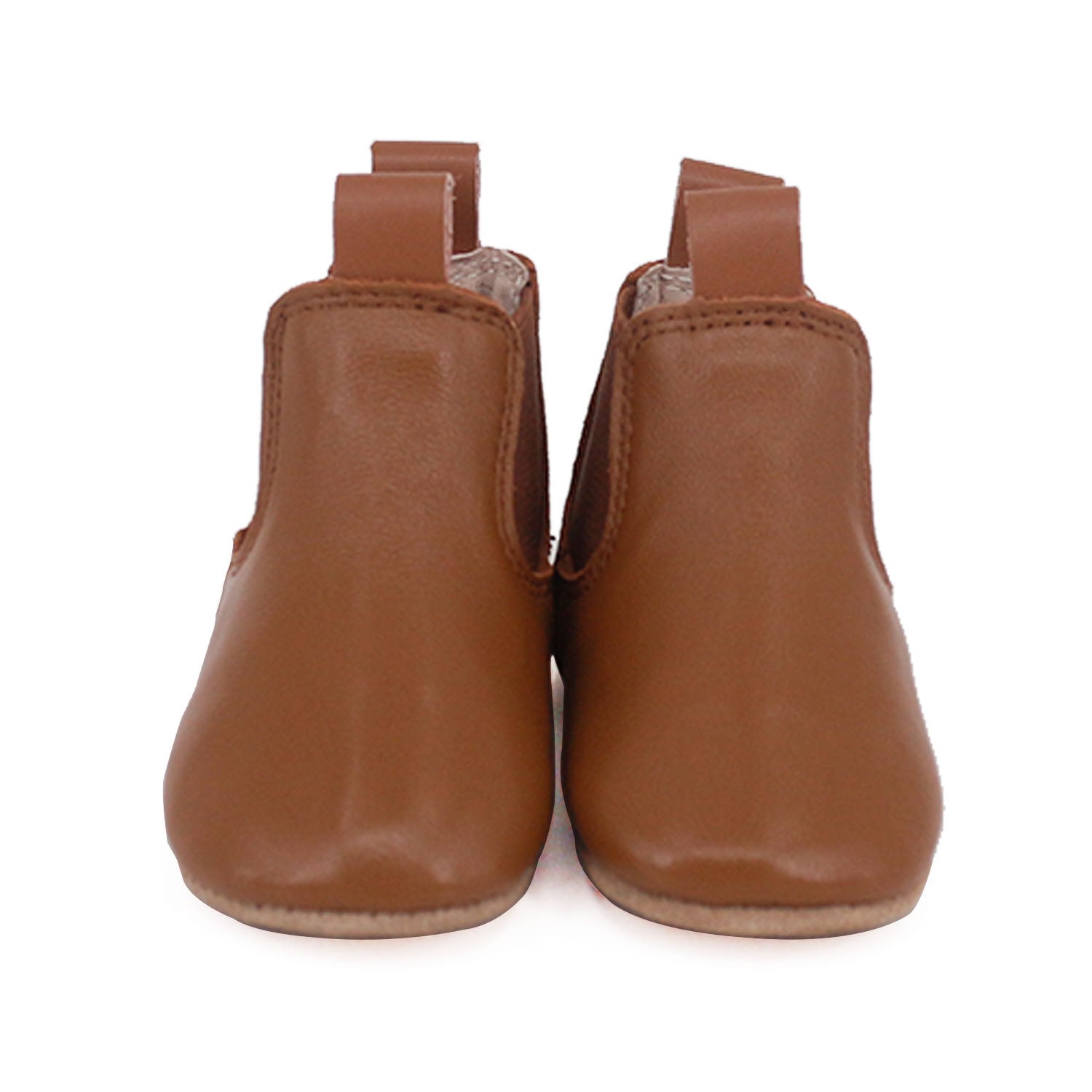 Tan riding-style baby and toddler first walker boots by Rose Chestnut, featuring soft leather and buckle accents.