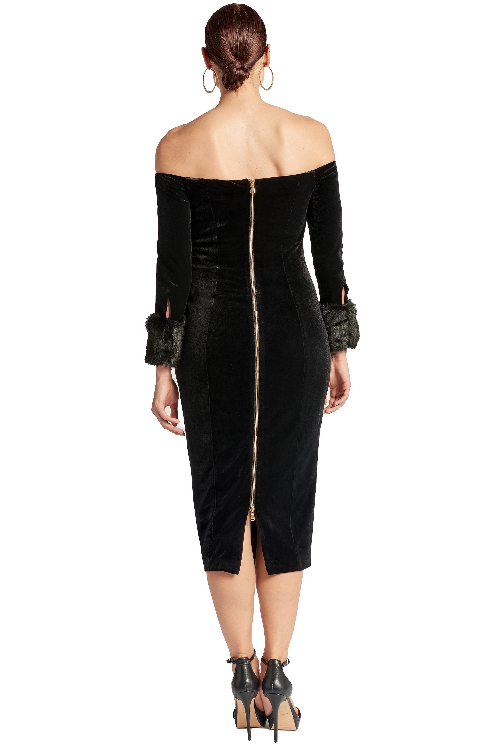 Peach Dionysus Joia velvet off-shoulder long sleeve dress with faux fur trim, elegant and stylish evening dress.