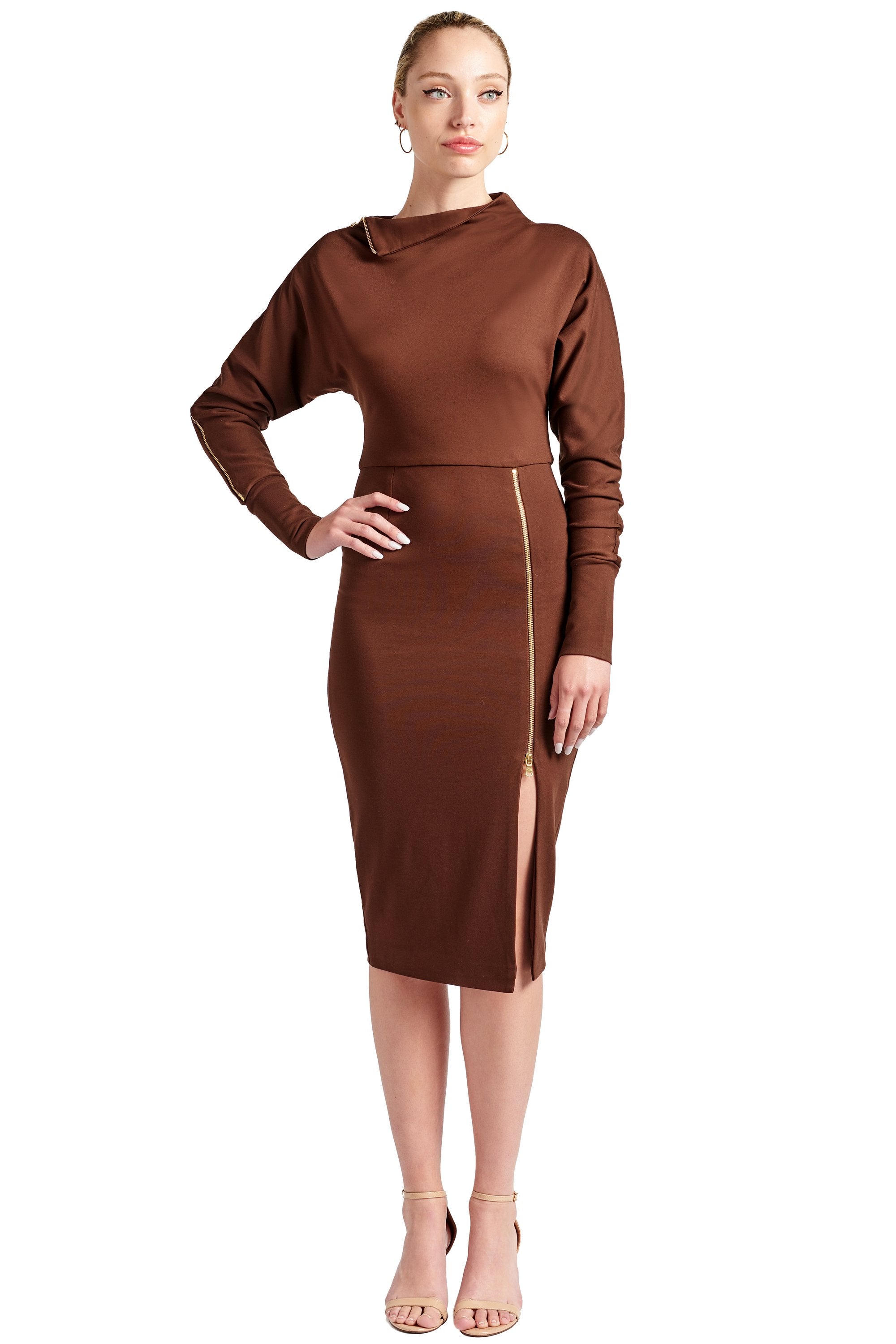 Peach Dionysus Josefa asymmetric long sleeve convertible midi dress, front view showing elegant design and versatile style.