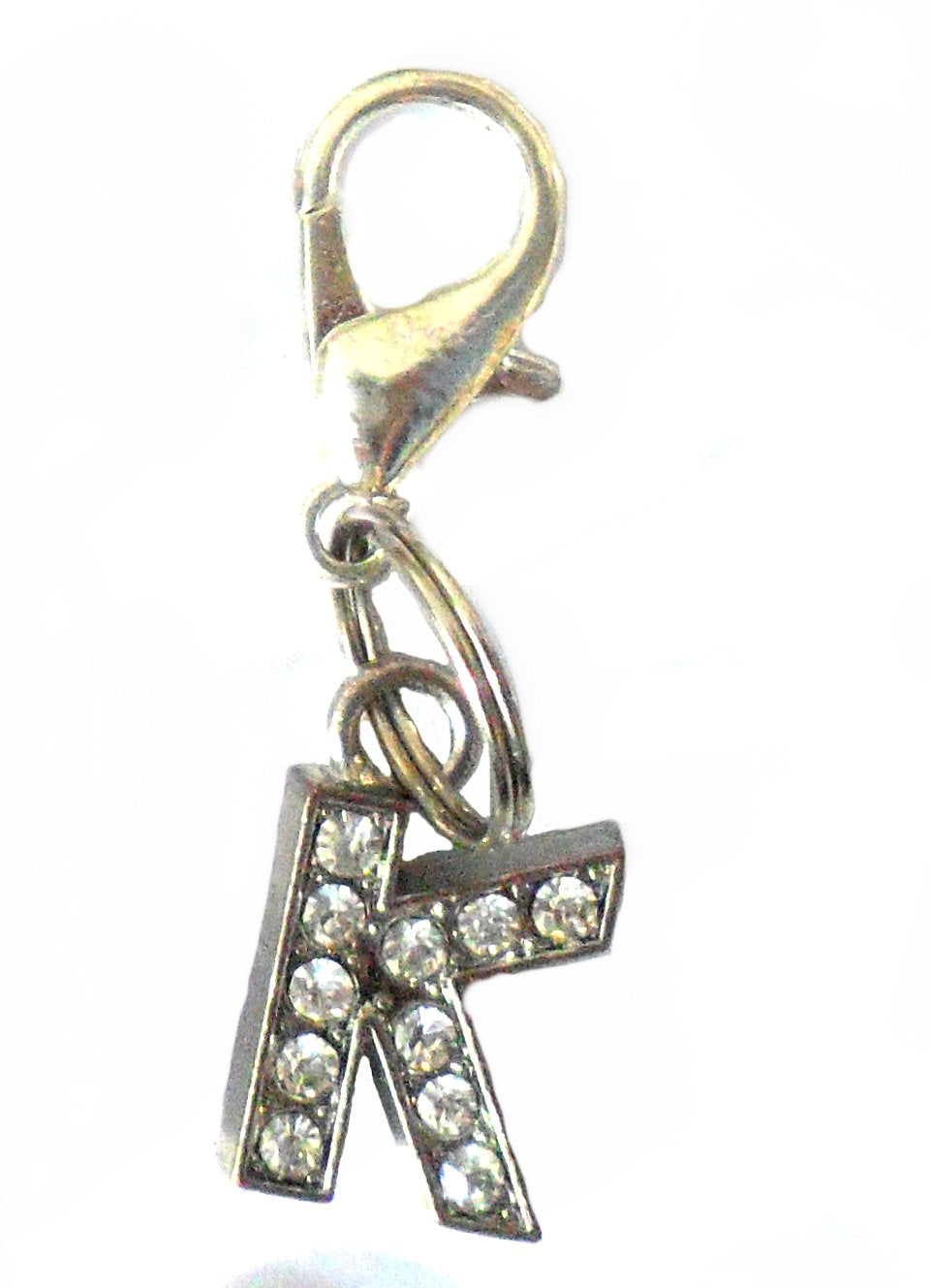 Salmon Oscar A-Z crystal letter pet charm attached to a colorful pet collar, showcasing sparkling acrylic letters for customization.