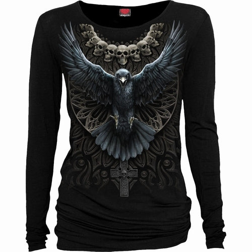 Black Jasper Raven Skull baggy top in black fashion accessory with a bold raven skull design on the front.