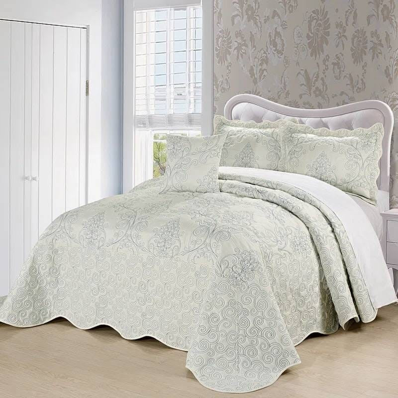 King size Antique White Damask Embroidered 4 Piece Oversized Bedspread Set