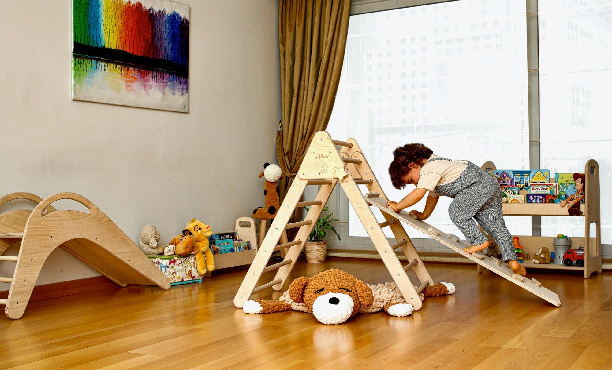 Red Oceanus climbing triangle and ramp set for kids, featuring a sturdy wooden furniture piece for active play and motor skill development.