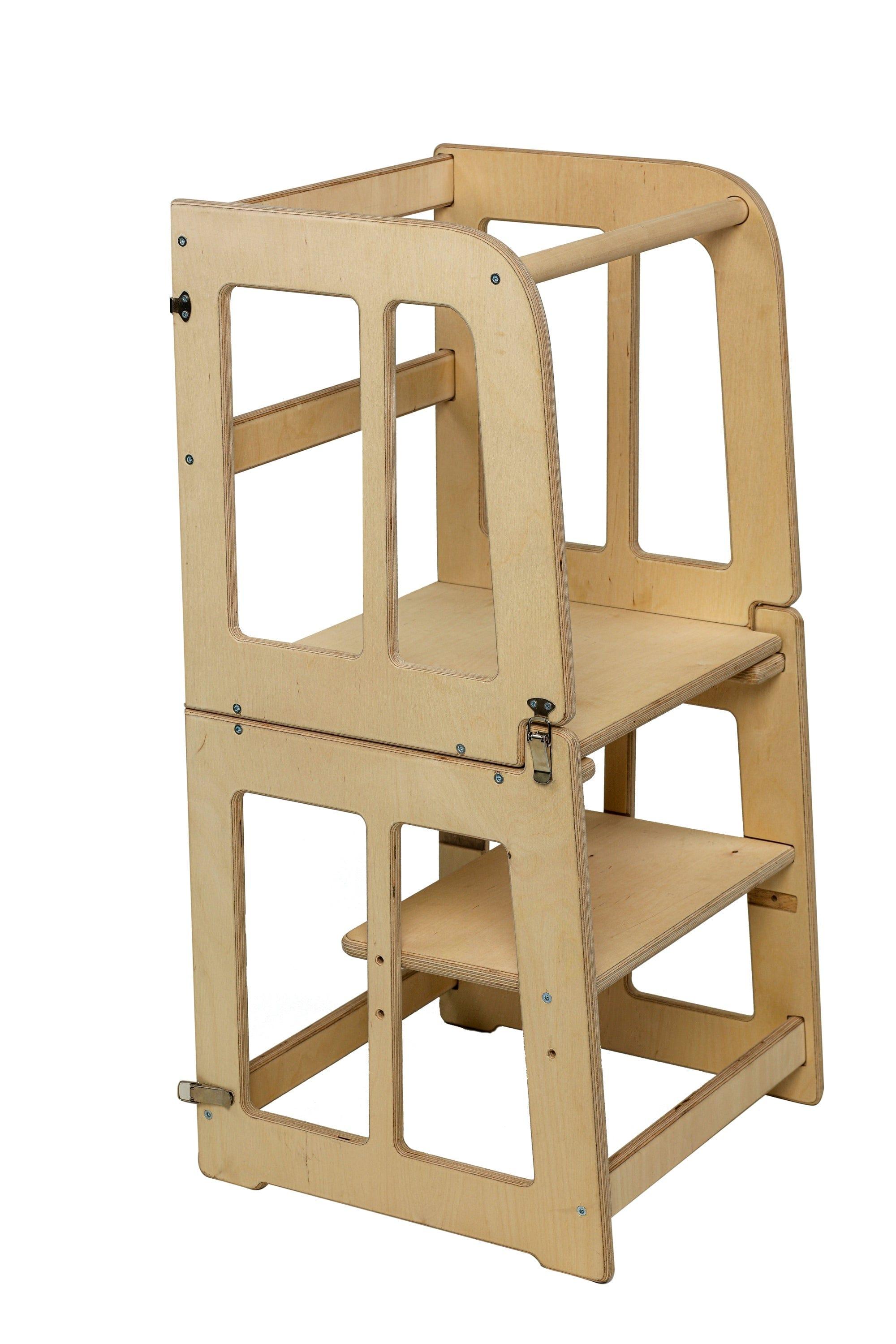 Red Oceanus 2-in-1 Montessori learning tower and desk for kids, featuring a sturdy wooden design with safety rails and adjustable height.
