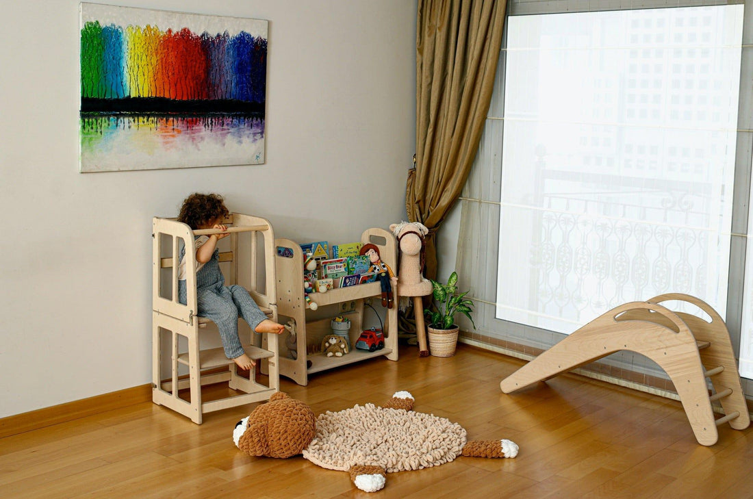 Red Oceanus 2-in-1 Montessori learning tower and desk for kids, featuring a sturdy wooden design with safety rails and adjustable height