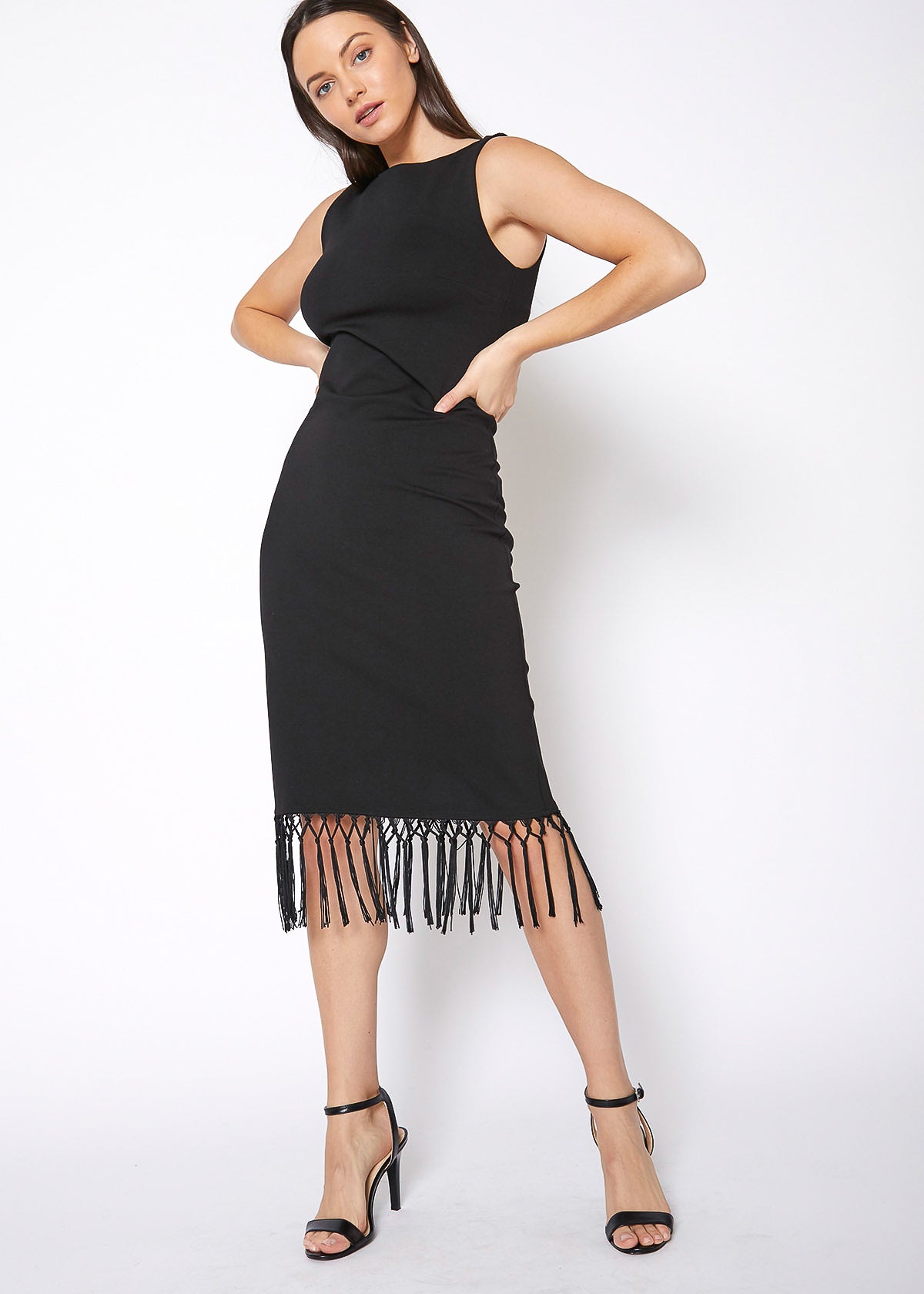 Black tassel hem sleeveless midi bodycon dress by Lemon Hera, featuring a fitted silhouette and stylish design.