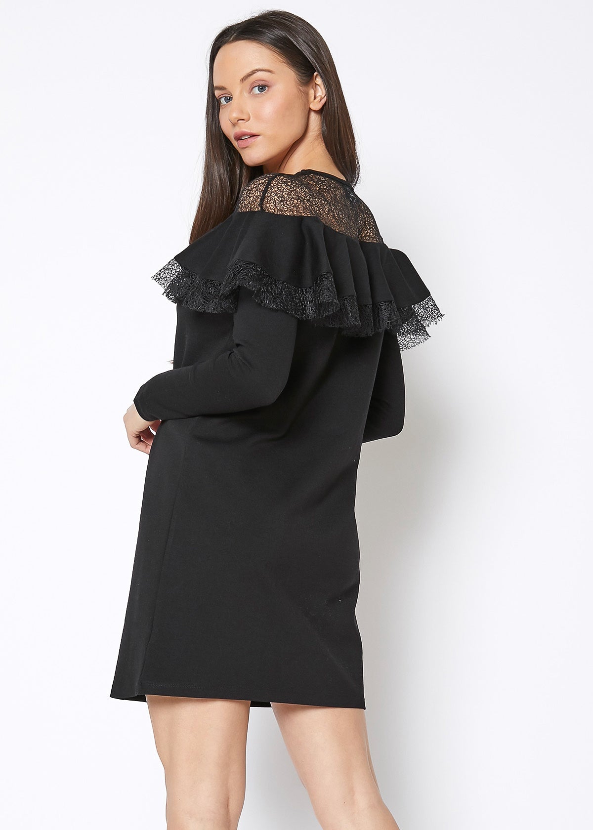 Black lace trim sweatshirt dress by Lemon Hera, casual long-sleeve dress with lace details, comfortable and stylish for everyday wear.
