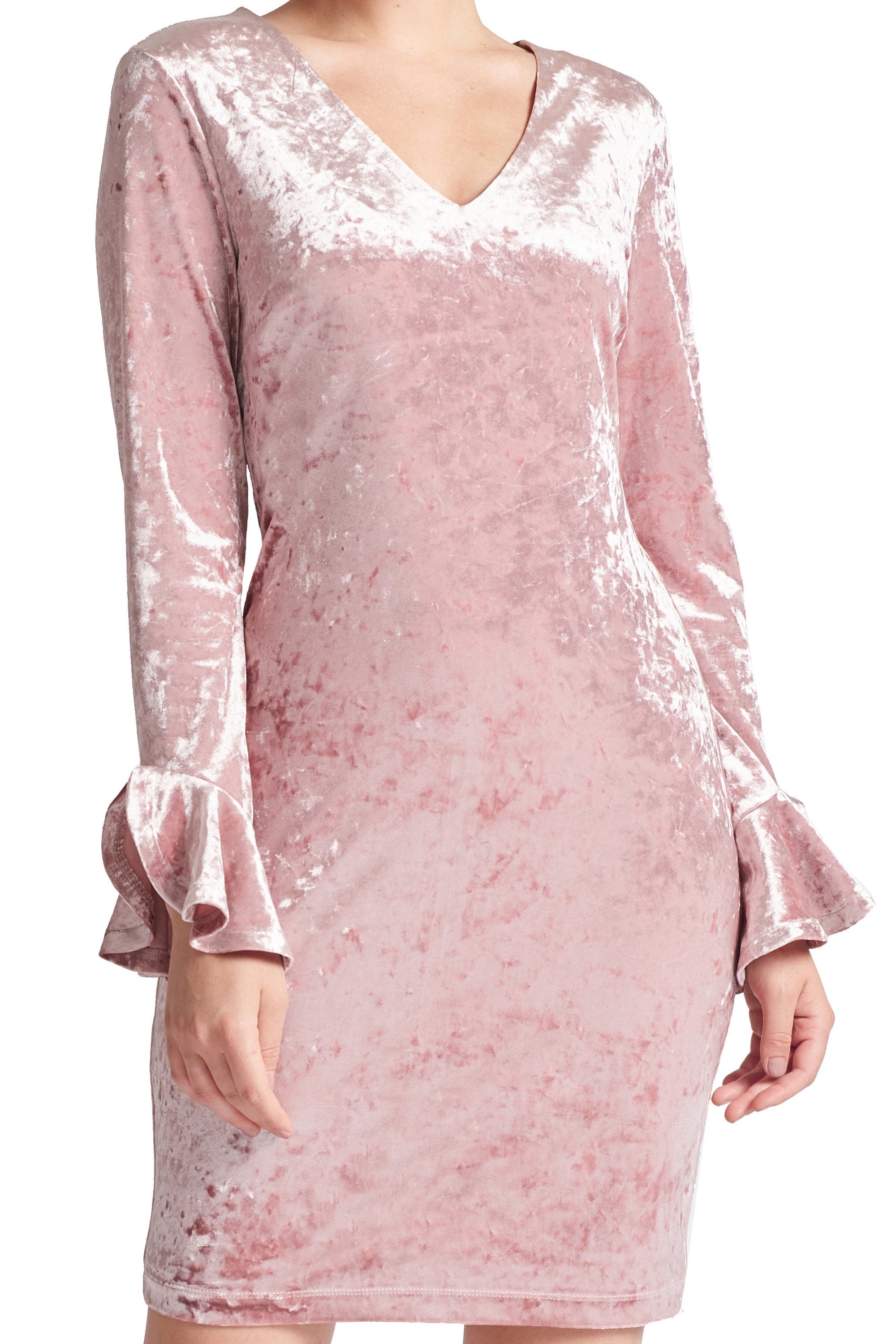 Close-up of Peach Dionysus Kara Dress featuring long sleeves, crushed velvet fabric, V-neckline, and bell sleeve details.