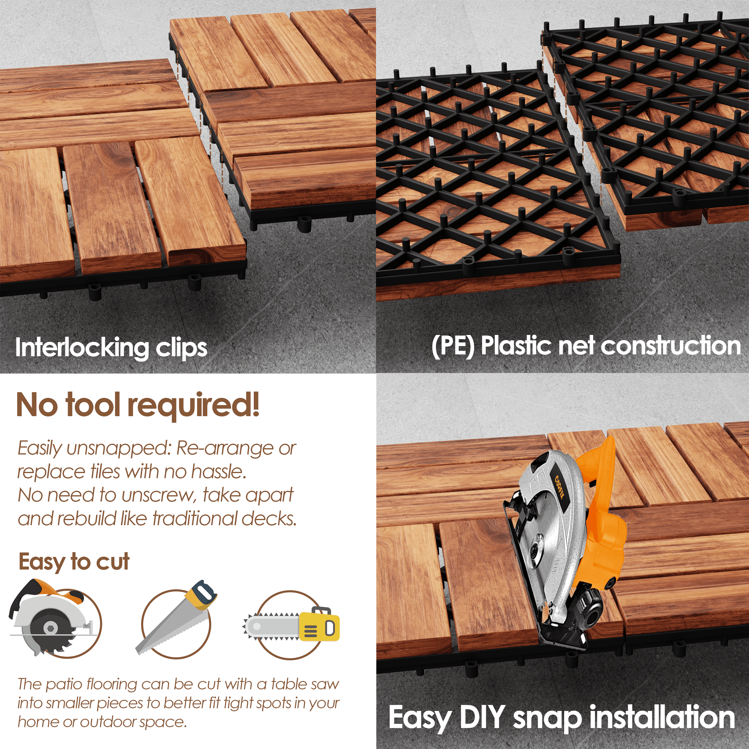 Teal Crius hardwood interlocking patio deck tiles arranged on a outdoor deck for easy home decor installation.