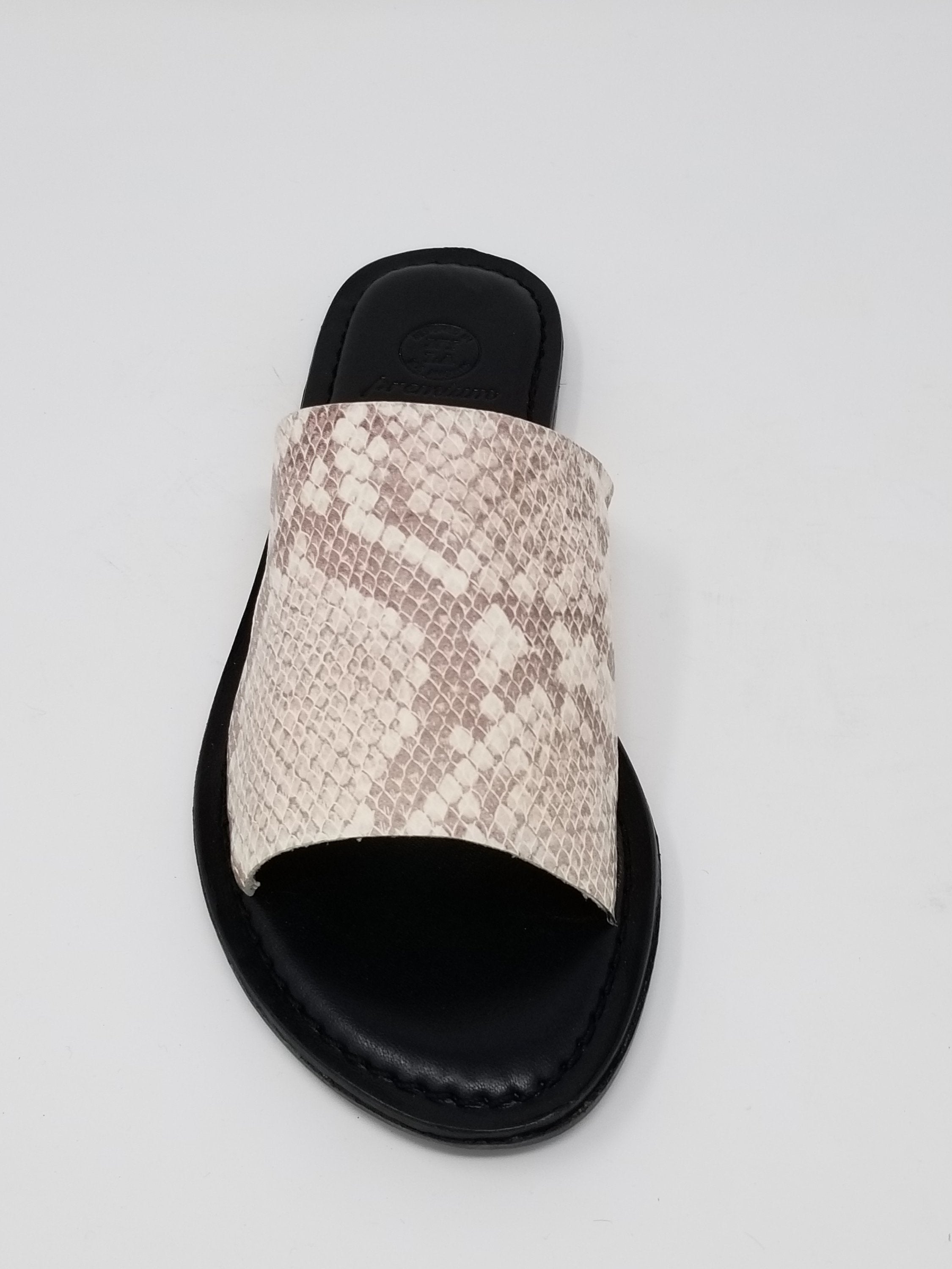 Azure Ophion Laguna footwear with natural snake print, front view showcasing stylish design and textured pattern.