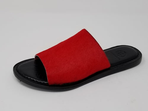 Azure Ophion Laguna red calf hair footwear showing stylish ankle boots with textured red calf hair material.