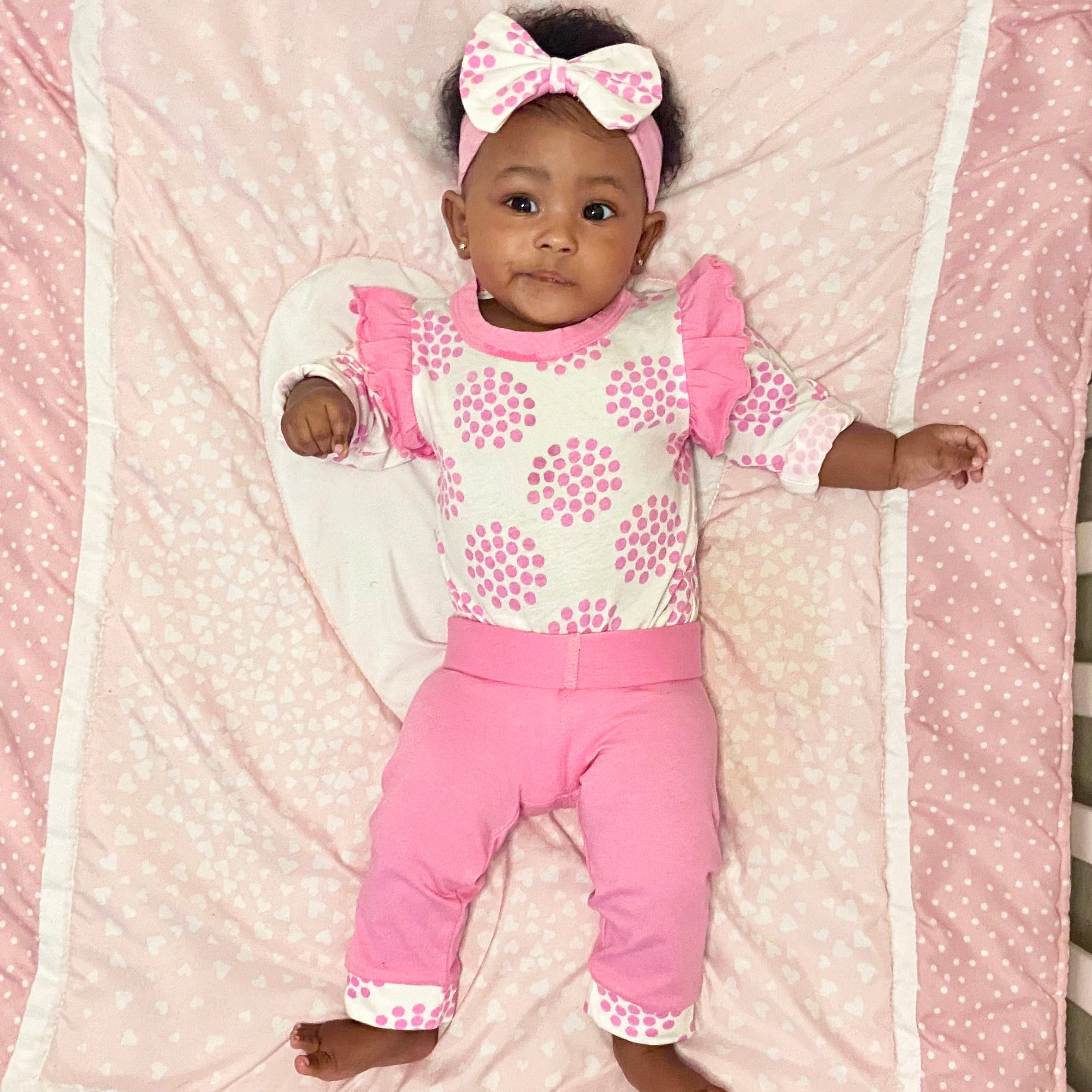 Black Simba AnnLoren baby girls pink polka dot layette set with onesie, pants, and headband, perfect for kids&
