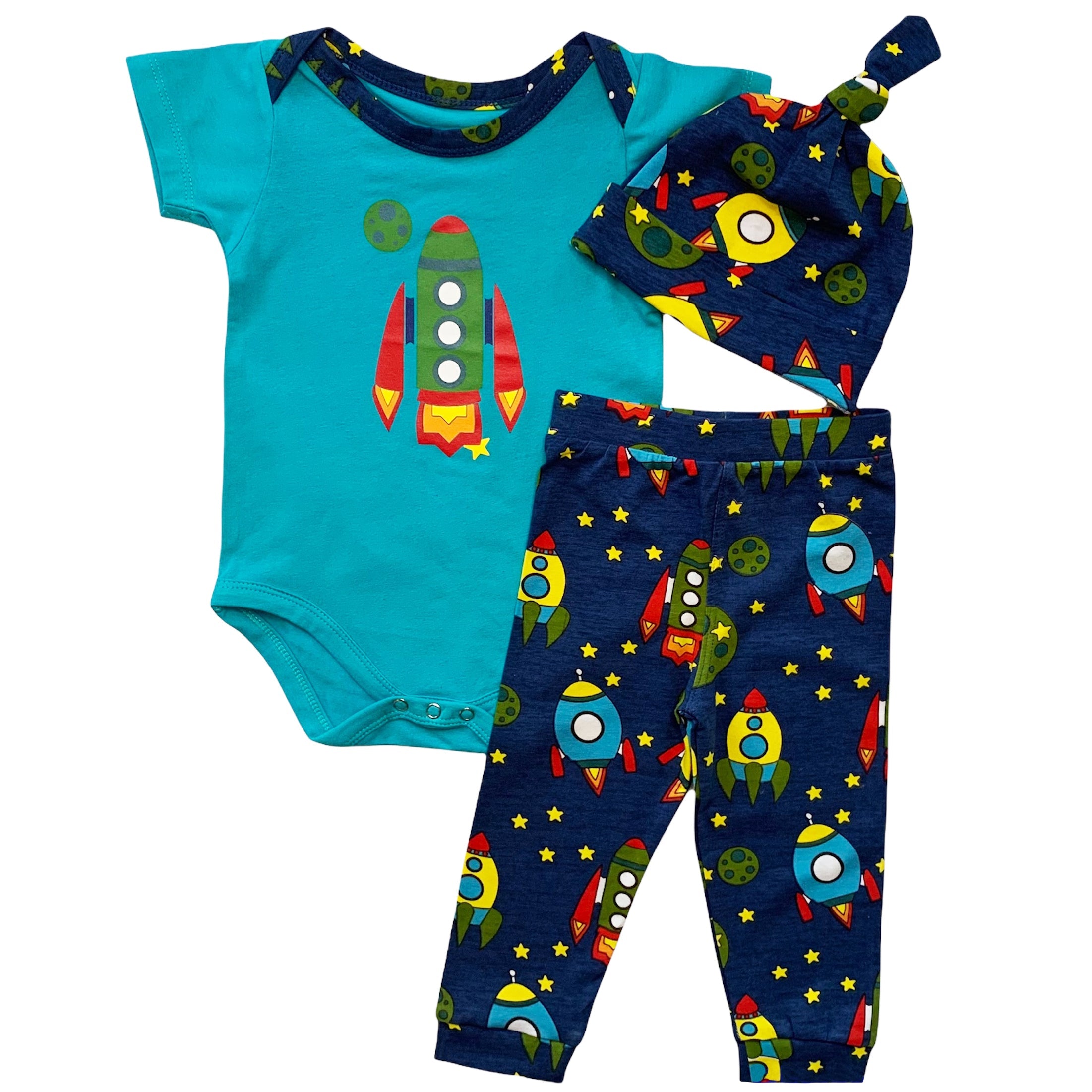 Black Simba baby boys space-themed layette set with spaceship onesie, pants, and cap in a 3-piece gift set for infants.
