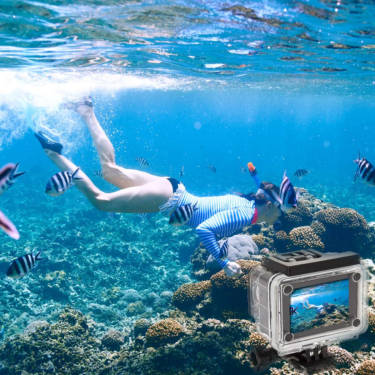 Salmon Lucky 4K waterproof all-digital UHD WiFi camera with RF remote and accessories, showing camera lens and accessories.