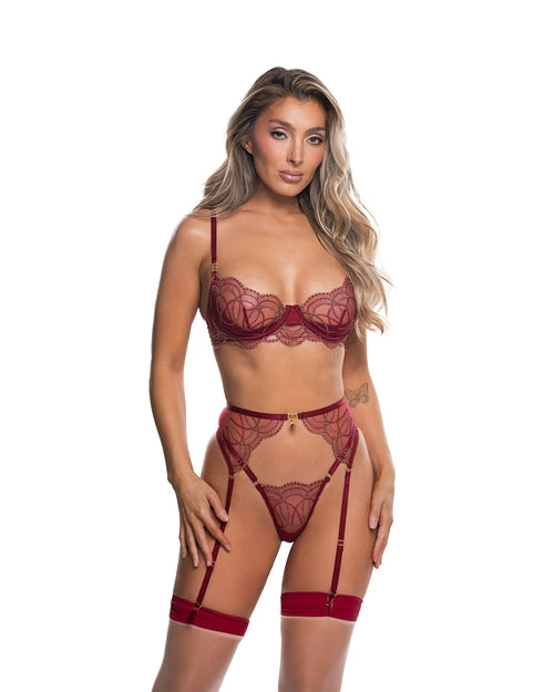 Beaded Belle 3-piece garter set by Brown Sooty featuring wine-colored beaded details and delicate women’s clothing accessories.