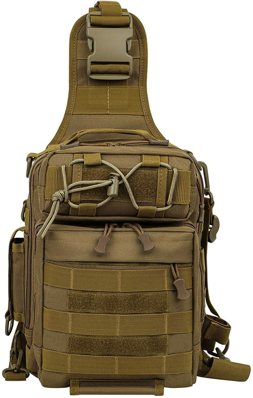 Khaki waterproof fishing tackle backpack by Amethyst Osage with multiple compartments for outdoor gear storage.