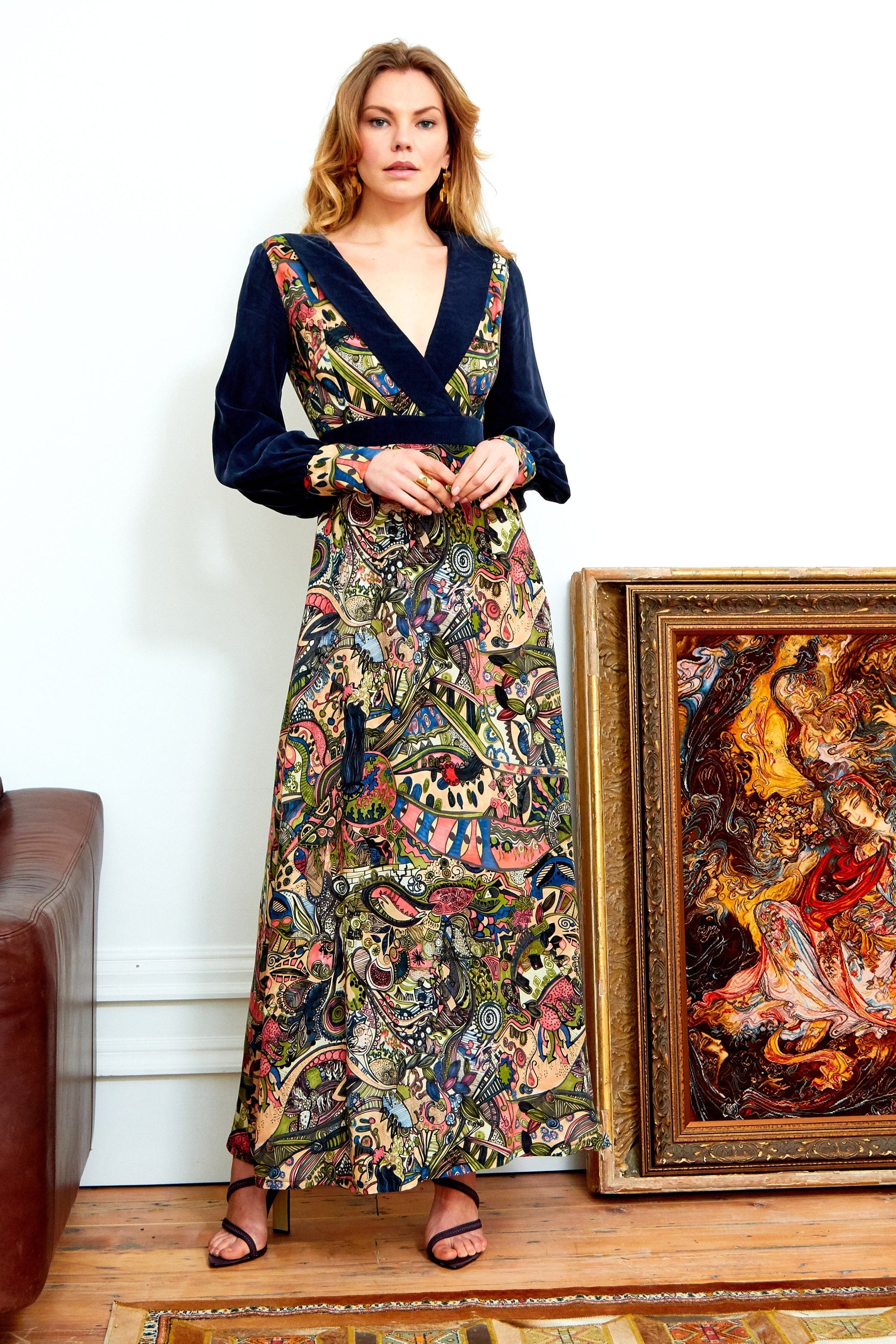 Hand-painted Persian print long sleeve maxi dress by Blush Athena, featuring vibrant floral patterns and elegant flowing fabric.