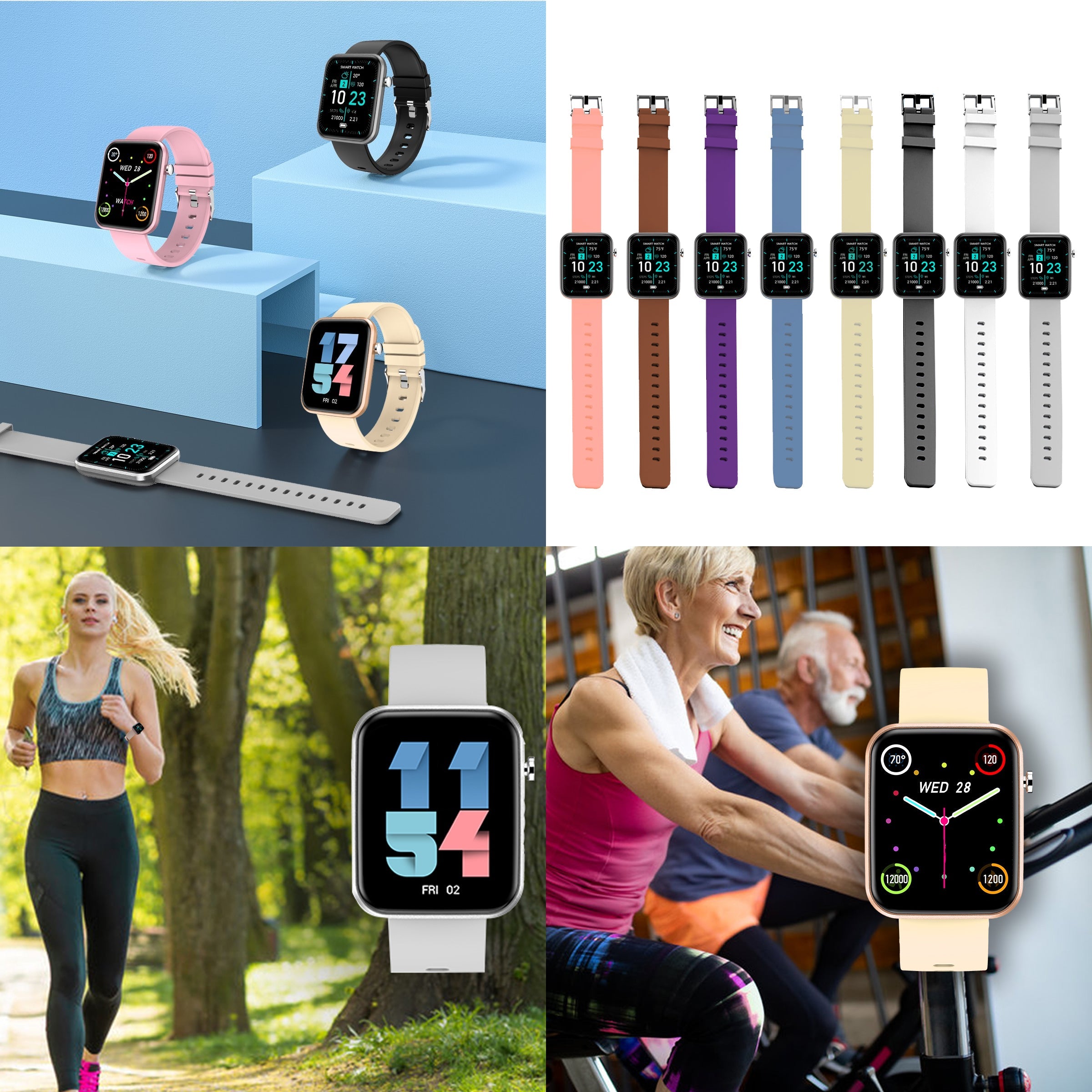 Salmon Lucky advanced smartwatch with three interchangeable bands and wellness activity tracker on a sleek display screen.