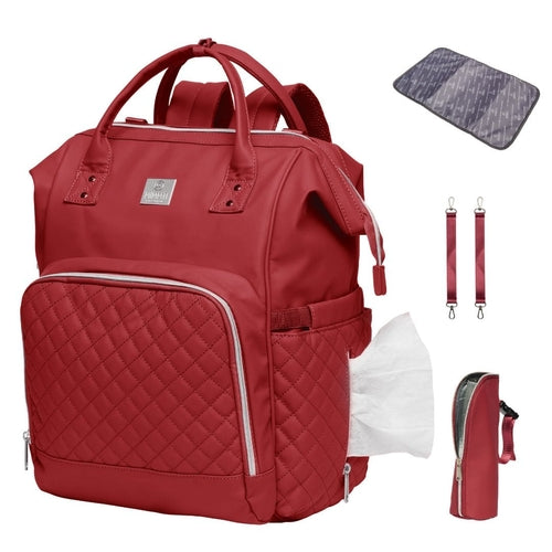 Ochre Athena MIMMTI® 2.0 leather diaper bag backpack with cherry red color and included hydro fleece cloths for parenthood accessories.
