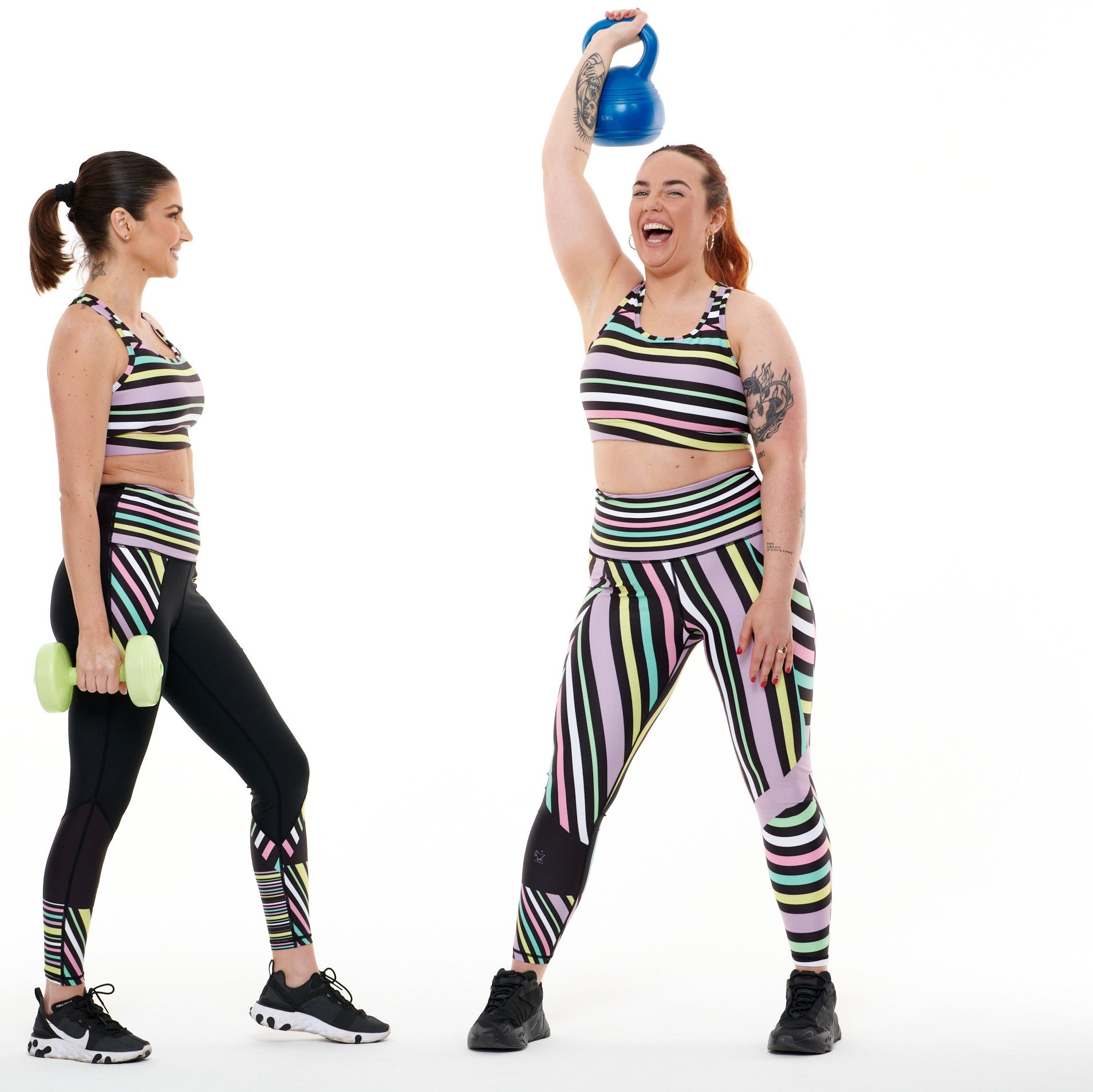 White Oliver Aso-Oke pastel vibrant leggings for activewear with colorful traditional Yoruba-inspired patterns.