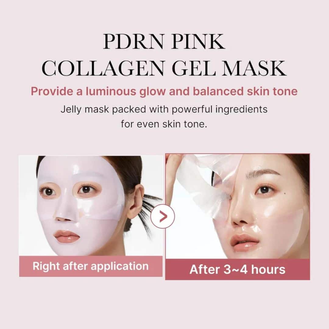 Medicube PDRN Pink Collagen Gel Mask by Harlequin Chestnut, showing a pink collagen gel mask in a clear container.
