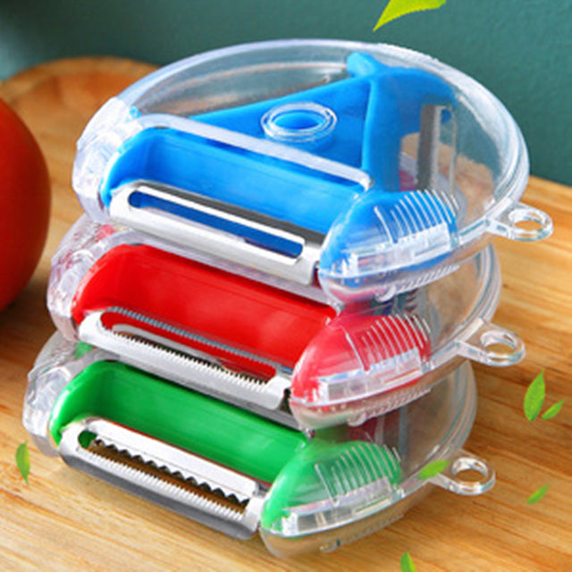Jade Chrysippus multi-functional kitchen vegetable and fruit peeler with ergonomic handle and multiple blades for peeling and slicing.