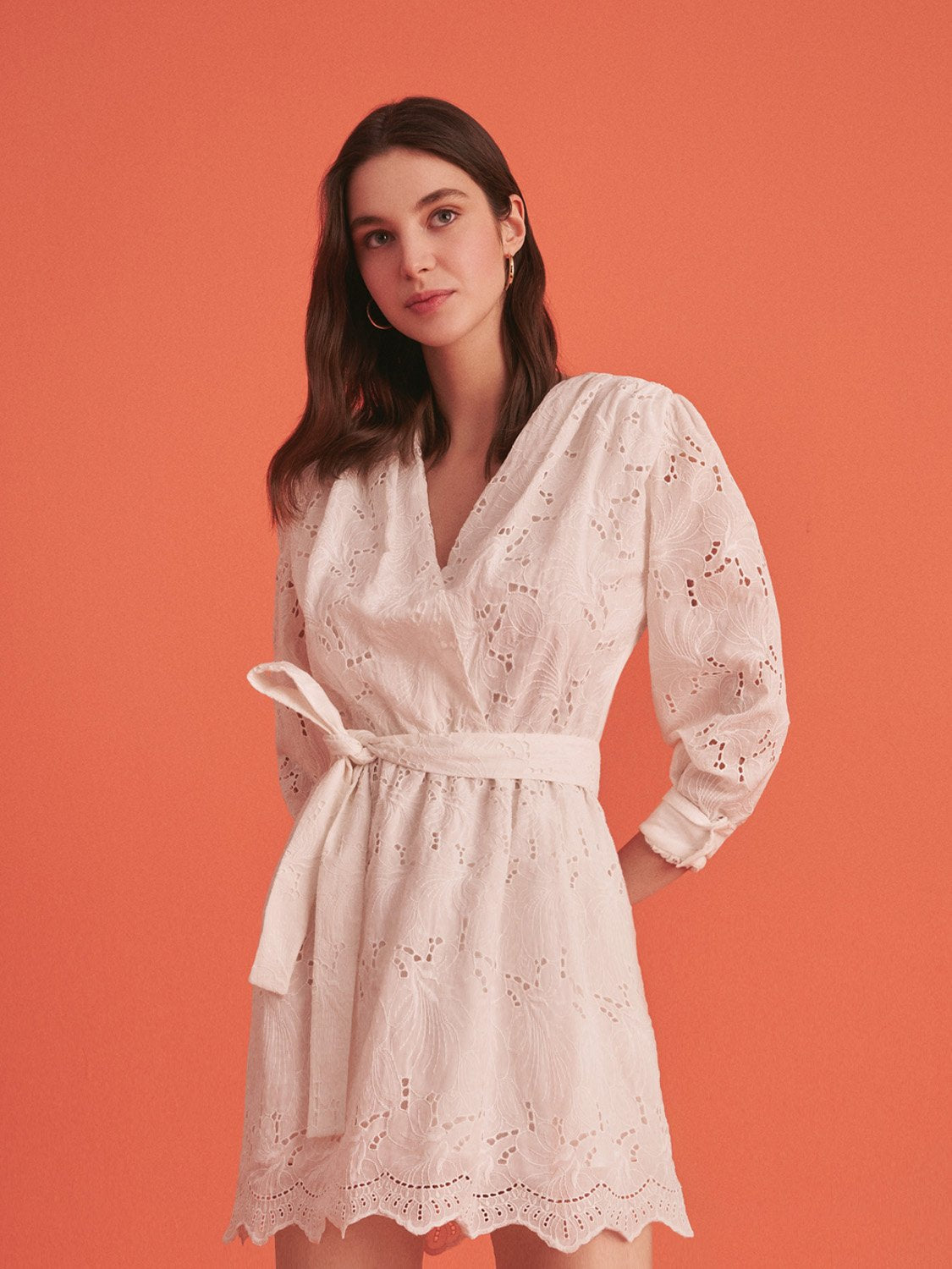 Bronze Aphrodite embroidered wrap mini dress for women, featuring intricate embroidery and a stylish, flattering silhouette.