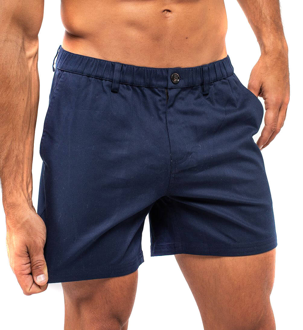 Navy cotton swim shorts by Ruby Tartarus featuring a relaxed fit and elastic waistband, suitable for casual beachwear.