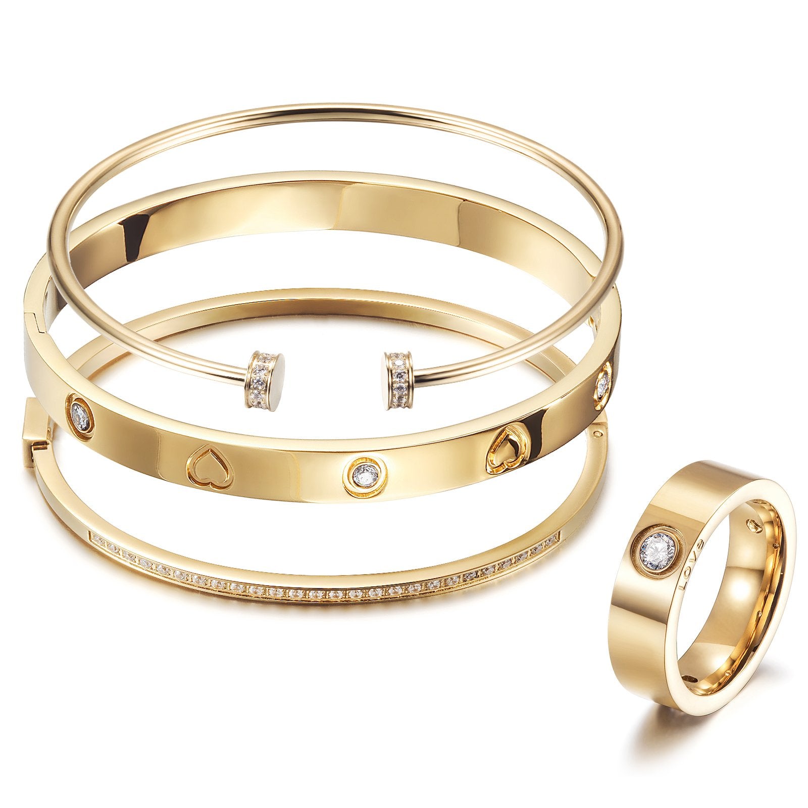 Set of layered bangle rings from Lavender Phoebe featuring mixed metal designs and elegant stacking for stylish jewelry.