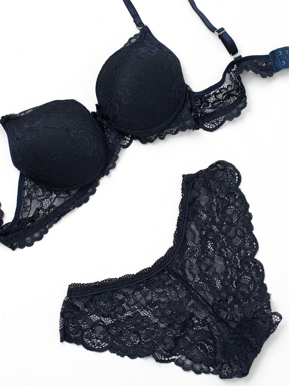 Navy blue bra and panty set for women by Harlequin Icarus, featuring comfortable matching lingerie with lace details.