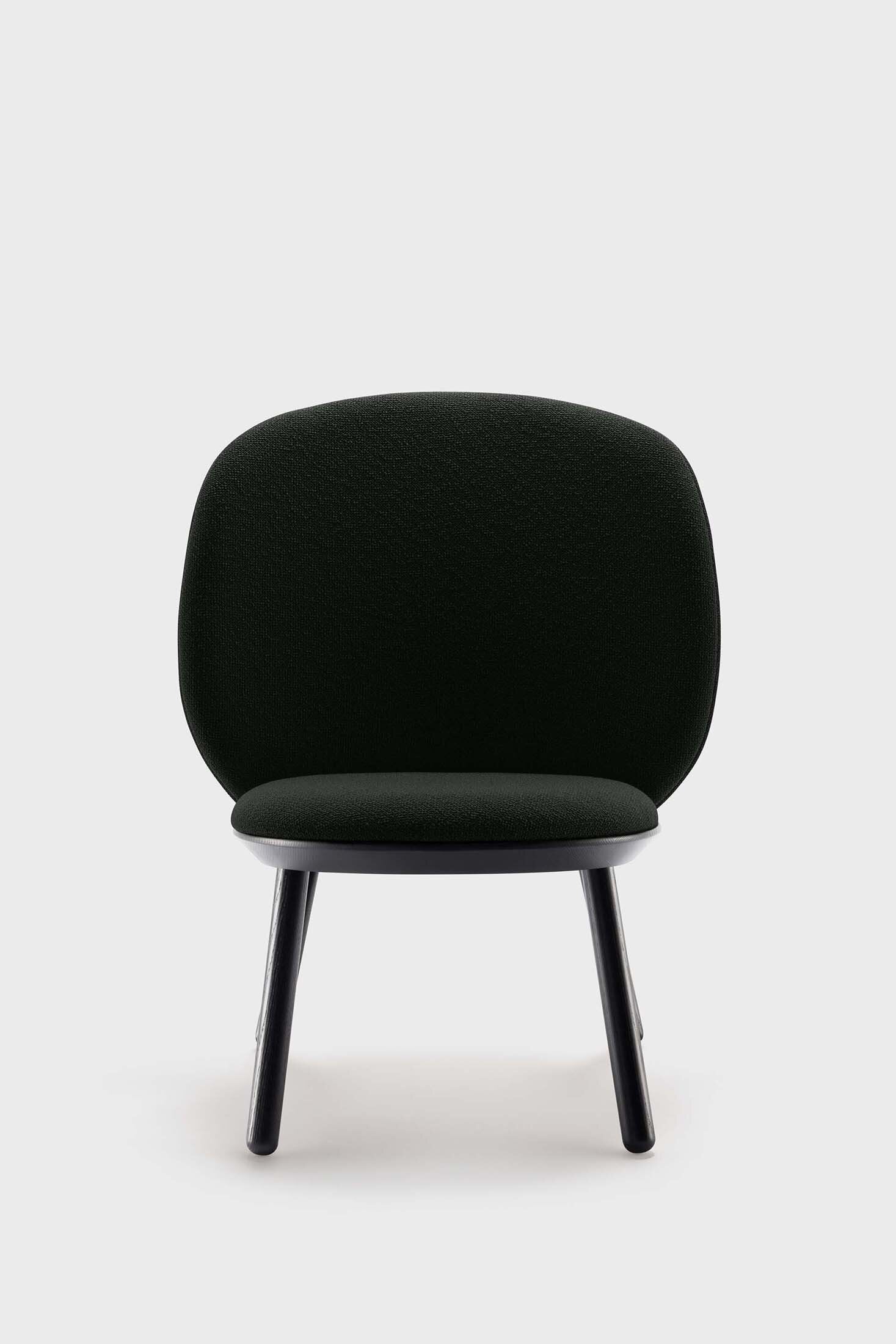 Naïve Low Chair by Aquamarine Poppy in black with a modern, minimalist design, featuring a sleek wooden frame and comfortable seat.