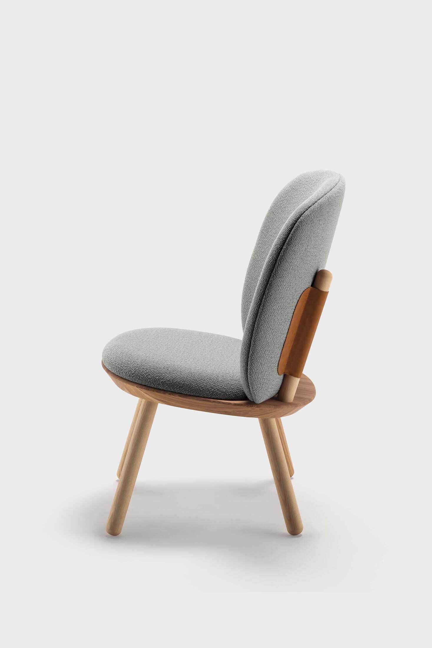 Aquamarine Poppy Naïve Low Chair in grey with a sleek modern design and wooden legs, showcasing contemporary furniture style.