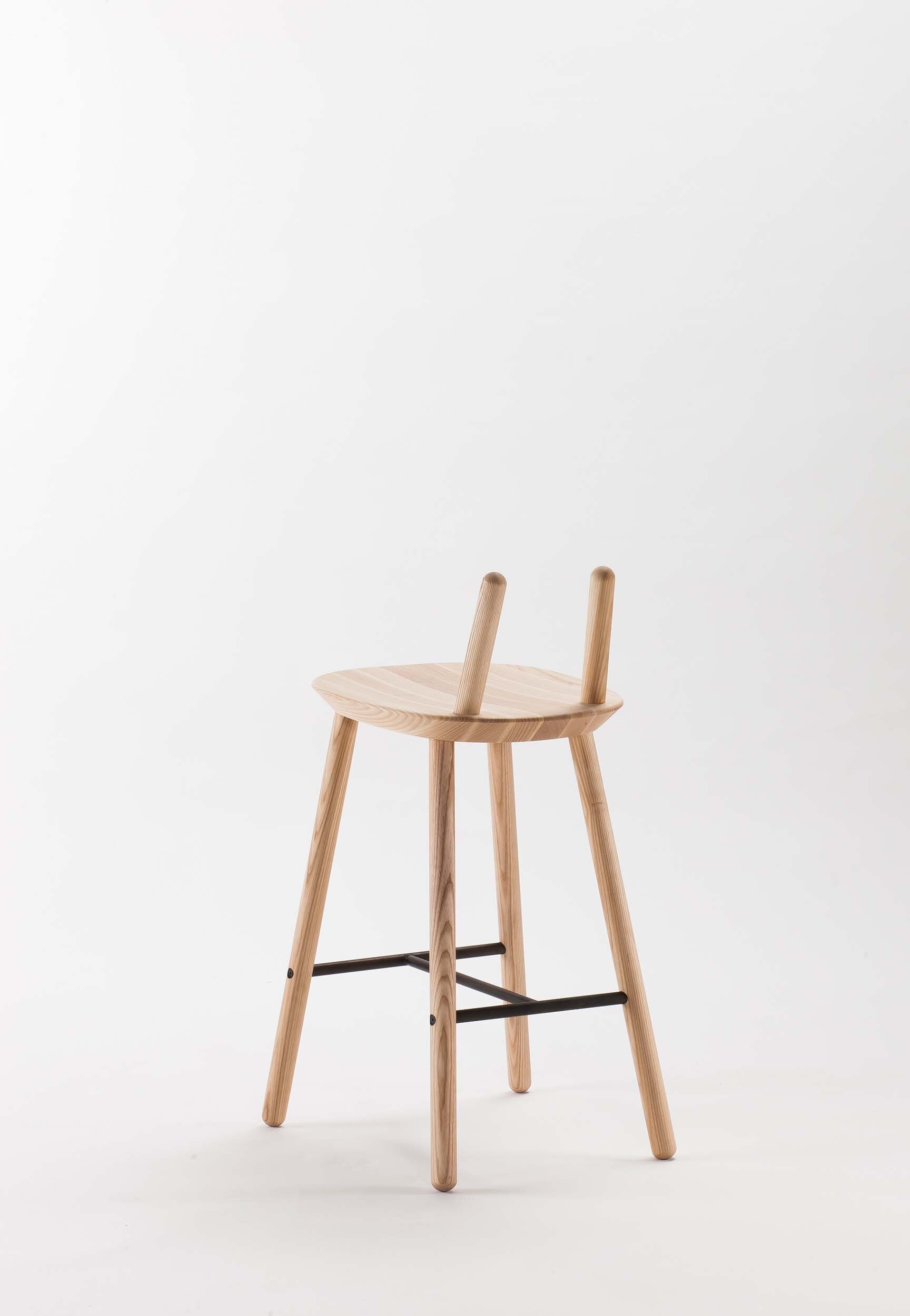 Naïve Semi Bar Stool by Aquamarine Poppy, modern furniture piece with sleek design and wooden legs, shown from side view.