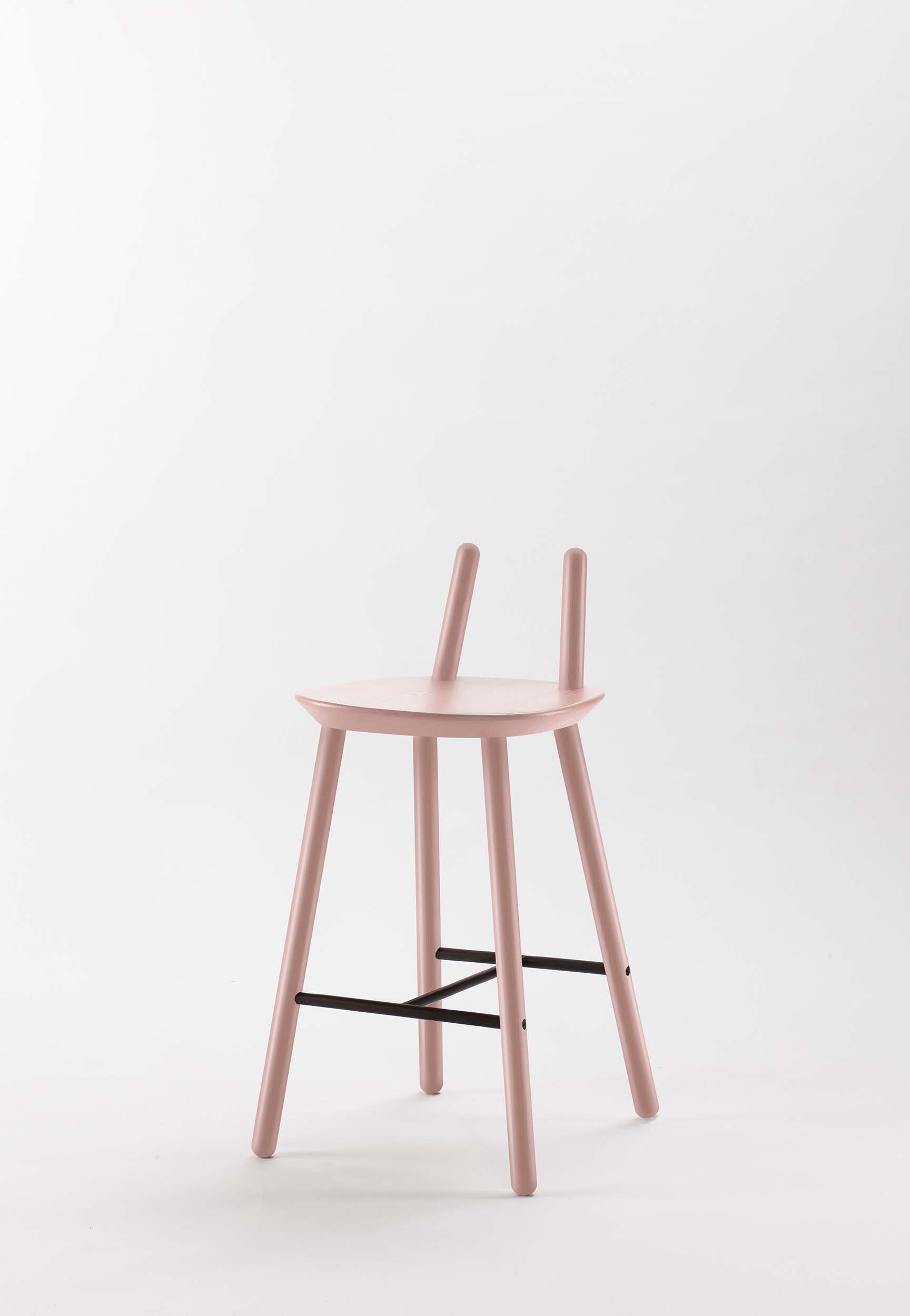 Naïve Semi Bar Stool in dusty pink by Aquamarine Poppy, featuring a modern furniture design with a sleek, curved seat and metal legs.