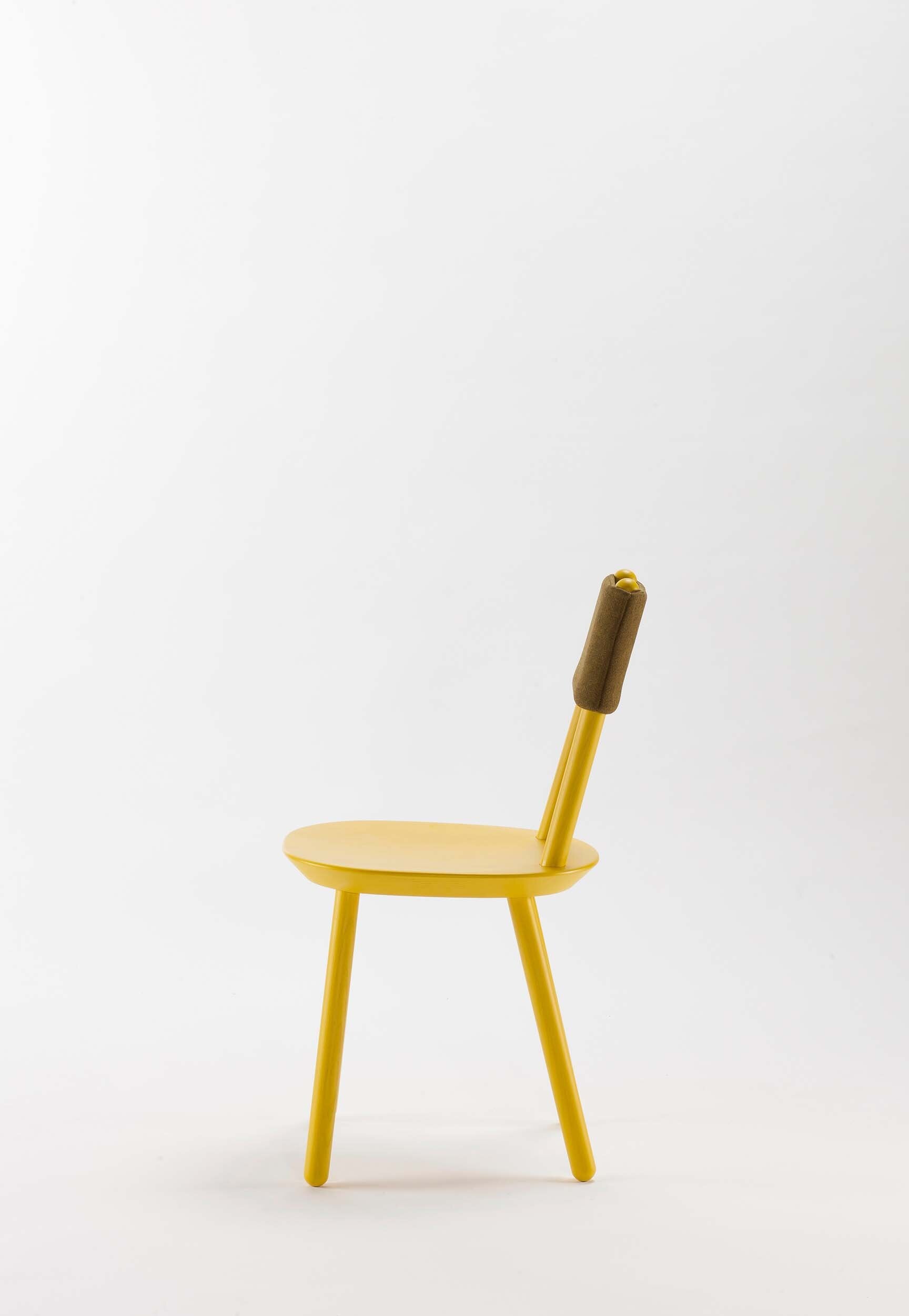 Aquamarine Poppy Naïve Dining Chair with yellow upholstery and wooden legs, modern furniture for dining room or kitchen.