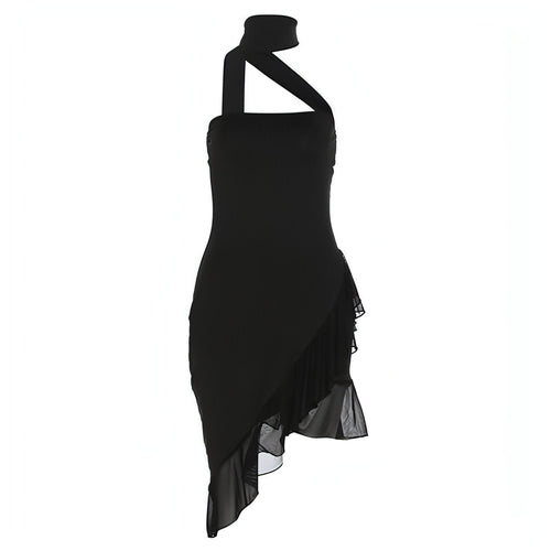Carmine Juneberry slim fit halter off-shoulder dress with string detailing and selvedge fabric, stylish and form-fitting for women.