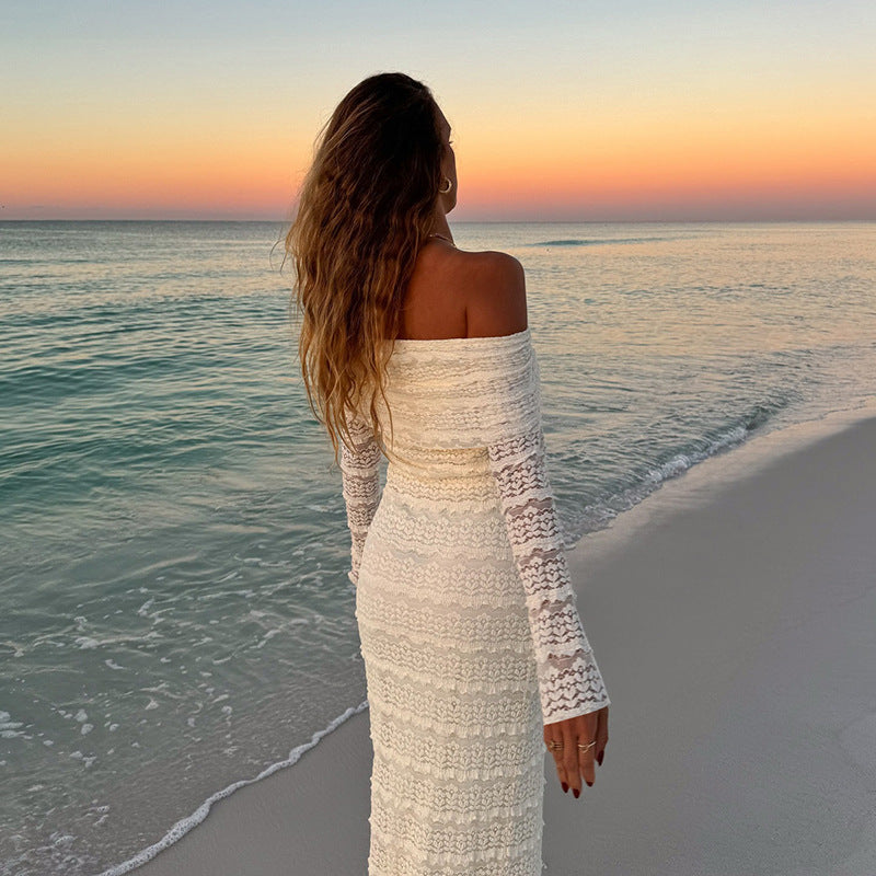 Elegant off-shoulder lace maxi dress by Carmine Juneberry, featuring socialite style and intricate lace detailing.