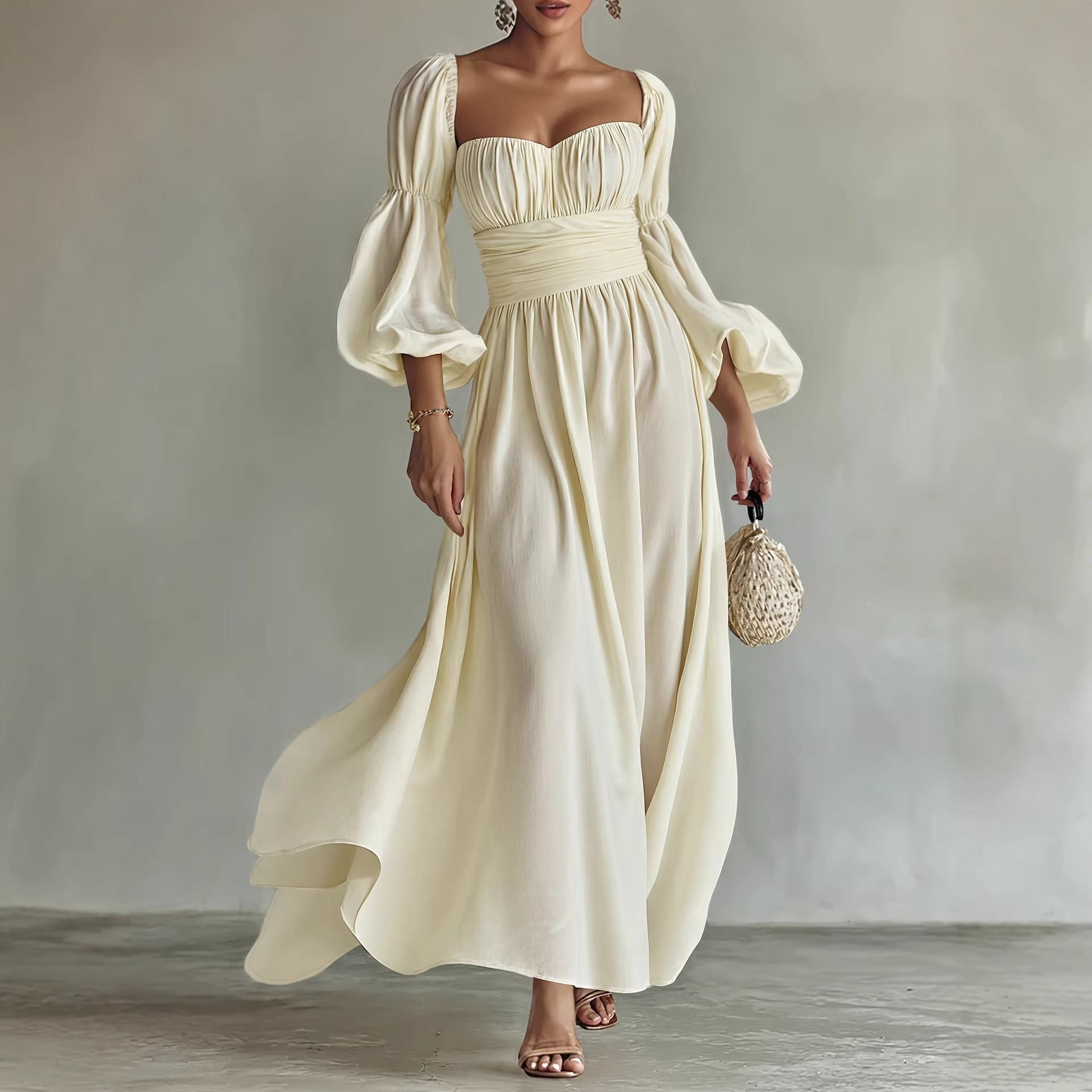Women’s Palace Artistic Retro French formal dress with puff sleeves, by Pear Daisy, featuring elegant vintage-inspired design.