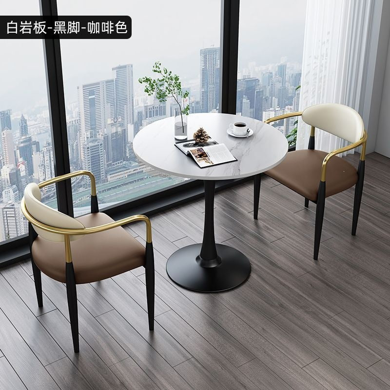 A light luxury sintered stone small round table for reception and negotiation tables and chairs, a trendy coffee table, balcony lounge table, and chair combination