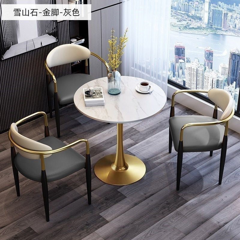 A light luxury sintered stone small round table for reception and negotiation tables and chairs, a trendy coffee table, balcony lounge table, and chair combination