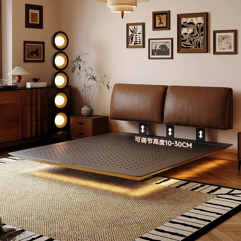 Elephant ear carbon steel genuine leather bed floating vintage style light luxury premium master bedroom 1.8-meter double bed