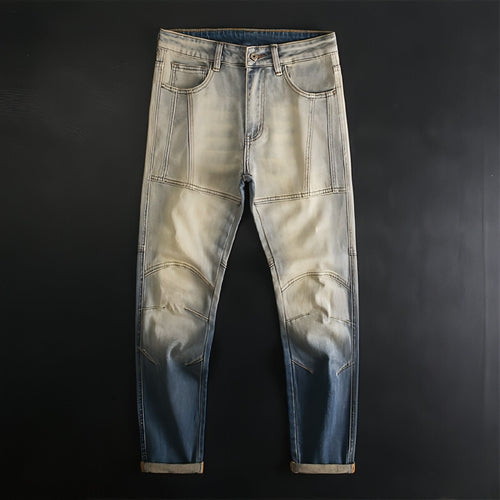 Carmine Juneberry UrbanEase™ Retro Patchwork Motorcycle Jeans for men, showing front view with patchwork design and sturdy denim fabric.
