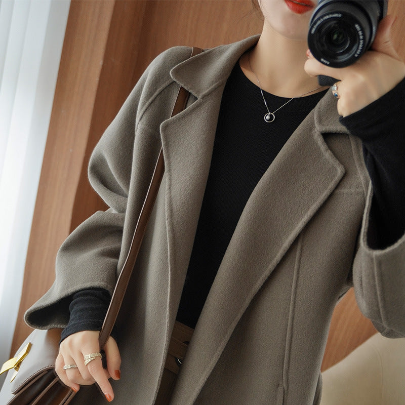 Reversible cashmere coat for women by Carmine Juneberry, mid-length loose over-the-knee jacket, elegant and cozy outerwear