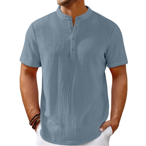 Carmine Juneberry striped cotton-linen Henley T-shirt with long sleeves and button neckline, casual and breathable for everyday wear.