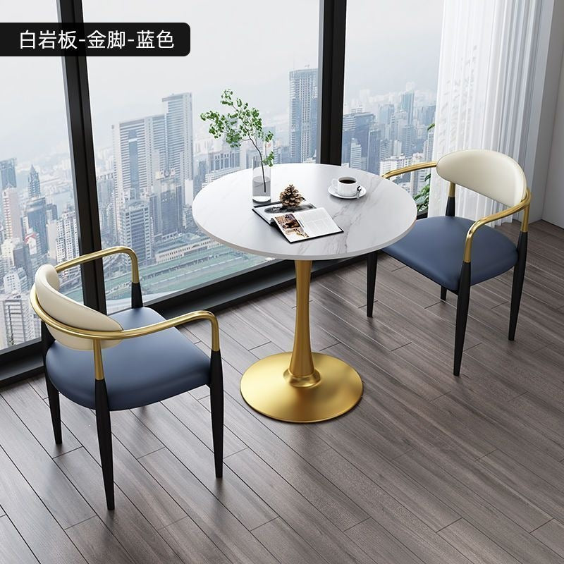 A light luxury sintered stone small round table for reception and negotiation tables and chairs, a trendy coffee table, balcony lounge table, and chair combination