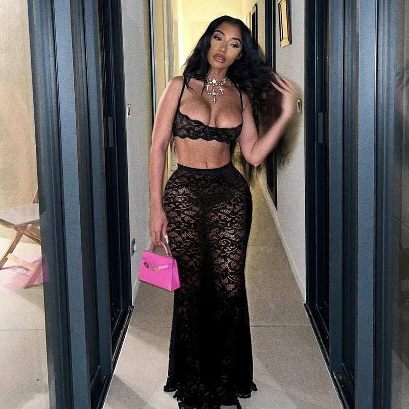 Taupe Oliver 2-piece cutout sling top and high streetwear skirt set, featuring stylish T-shirts and coordinated fashion ensemble.