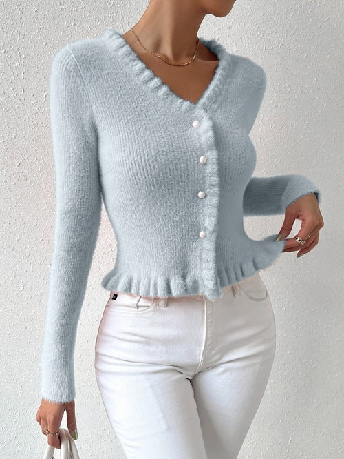 Carmine Juneberry Pearl Embrace Cardigan from Haute Edition, cream-colored sweater with pearl embellishments, long sleeves, cozy fit.