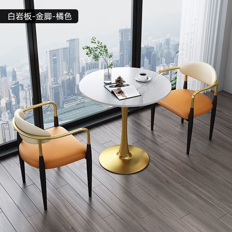 A light luxury sintered stone small round table for reception and negotiation tables and chairs, a trendy coffee table, balcony lounge table, and chair combination
